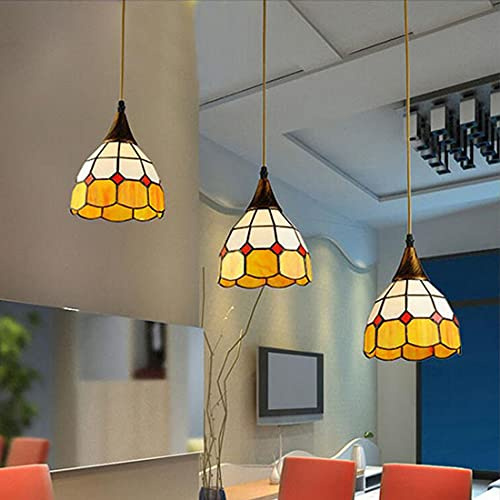 Kronleuchter Hängelampe Vintage Rechteck Esstischlampe Tiffany-stil, Rund Gemalt Gelb Glas Lampenschirm, Beleuchtung Höhenverstellbar, Rustikal Pendelleuchte für Esszimmer, Schlafzimmer, Küchen, 65cm