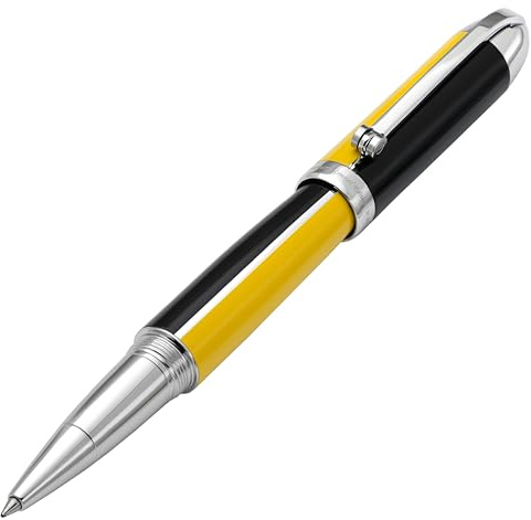 Xezo Stylo roller Visionary en laiton et aluminium, laque jaune vif et noir. Numéroté en édition limitée de 500. Motif couleur classique art déco, style rétrofuturiste