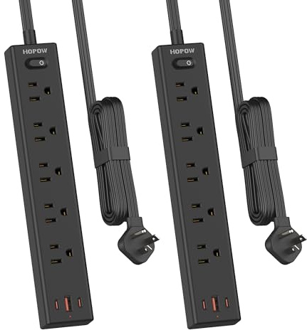 HOPOW Flat Plug Power Strip, 2 Pack, 6 Ft Ultra Thin Flat Extension Cord, Surge Protector with 5 Outlets & 3 USB Ports (2 USB C Slots), 1700 Joules, 3-Prong, Wall Mount for Home Office Dorm, Black