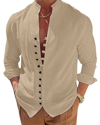 NIBESSER Camicia Lino Uomo Manica Lunga Camicia Uomo Elegante Estiva Camicia Casual Coreana Uomo con Bottoni Tinta Unita Traspirante per Mare Spiaggia Vacanza