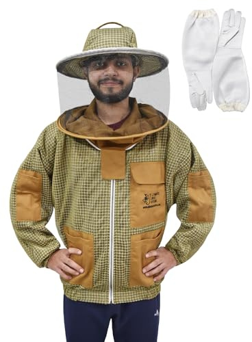 Ultimate Bee Store Ultra Ventilated Bee Jacket Beekeepers 3 Layer Beekeeping Jacket Sting Resistant Apiarist Jacket for Men & Women with Pair of Gloves (Khaki Round Veil, M)