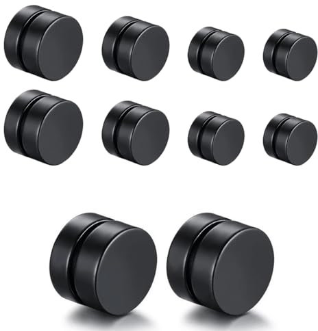 BZKSER Magnet Ohrringe - 8 Paare 6-12MM Edelstahl Magnet Ohrringe für Herren Damen Rund Ohrstecker Clips Non-Piercing Schwarz Silberton
