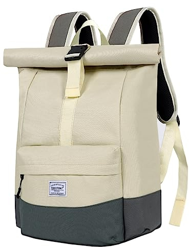 CALIYO Rolltop Sac à dos pour femme - Grand sac à dos pour ordinateur portable - Étanche - Avec compartiment pour ordinateur portable - Pour l'école, les études, les voyages, 1 à 3 blanc nacré, 34 x