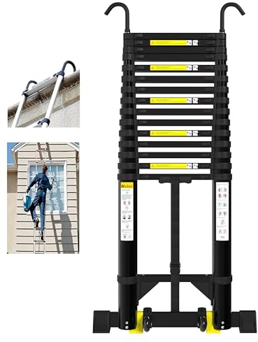 Wolec Telescoping Ladder, 20.3FT Aluminum Portable Extension Ladder w/Hooks, Stabilizers& Wheels, 330lbs Capacity, Collapsible Design, Outdoor & RV Friendly, Aluminum, Sturdy & Reliable, Black
