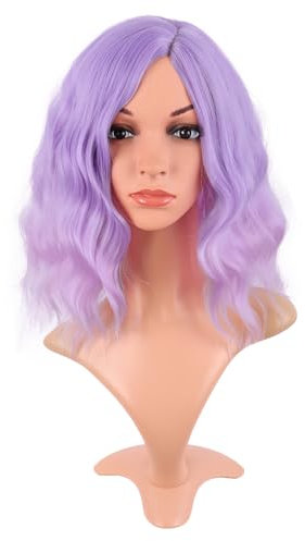 MapofBeauty 14 Pollice/35 cm Bob Wavy Corto Ricci Corpo Onda Cosplay Anime Sintetico Capelli Party Parrucche (Leggero Viola verso Rosa)