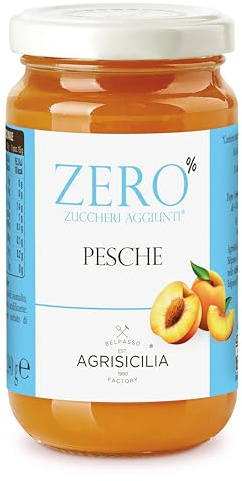 Agrisicilia zero% zuccheri aggiunti pesche con poche calorie e frutta di alta qualità vasetto da 240 grammi ottima per colazione e merenda
