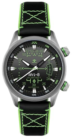 AVI-8 Hawker Harrier HUD Reloj Automático para Hombre, 44 mm, con Correa de Goma/Cuero, AV-4117, 22mm Green Rubber/Leather Strap