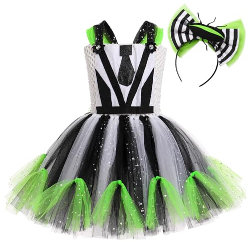 FYMNSI Beetle Costume for Kids Girls Halloween Spooky Cosplay Black And White Vertical Striped Tutu Green Tulle Princess Clown Dress Scary Dress Up Birthday Party Carnival Outfits Black + White 10-12Y