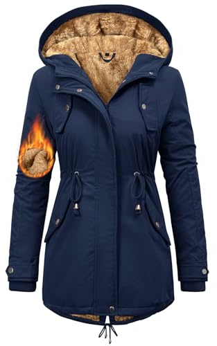 Nadeer Parka Donna Invernale Cappotti Caldo Giacca con Cappuccio Media Lugghezza Hoodies Impermeabile Cappotto Imbottito Giubbotto con Tasche(Navy,S)