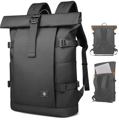 hk Rolltop Rucksack Herren & Damen, 15,6 Zoll Laptop Rucksack Wasserdicht Groß Reiserucksack, Diebstahlsicher Tagesrucksack Rolltop Backpack für Reise Outdoor Uni Arbeit Radfahren, Schwarz