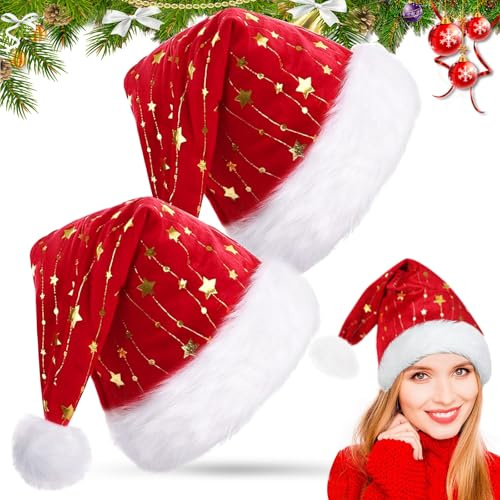 2 gorros de peluche de Papá Noel para adultos, borde grueso de piel, gorro de Papá Noel para hombres y mujeres con estrellas doradas, forro suave, gorro de Papá Noel, fiesta de Navidad