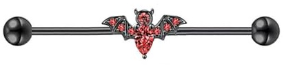 Niaspi 14G Bat Industrial Barbell Earrings for Women Men Unisex Stainless Steel Cartilage 38mm 1&1/2 Inch Industrial Piercing Bar Body Piercing Halloween Statement Jewelry (Black Red)