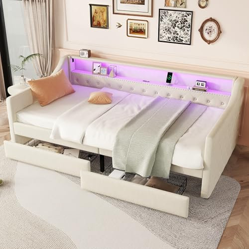 Aoskem Polsterbett Tagesbett Einzelbett 90x200 mit 2 Stauraum Schubladen, Kinderbett LED-Sofabett mit USB-Ladebuchse, Bettgestell mit Lattenrost, Jugendbett Schlafsofa, Ohne Matratze, Leinen (Beige)