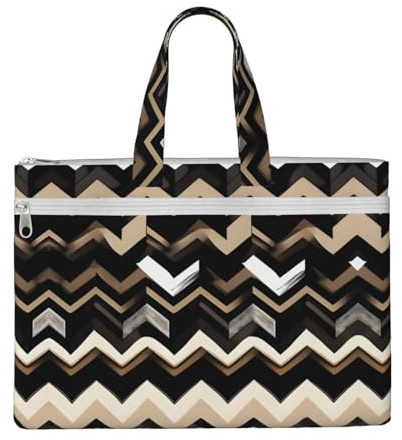 SDEGTHO Black White Tan Zigzag Zippered Document Bag With Handle For Carrying Paper Files Books Filing Folder