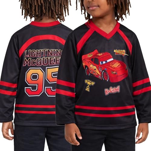 Disney Boys Sports Jersey - Mickey Mouse Cars Lightning McQueen Lilo and Stitch Hockey Baseball Jersey for Boys (Size: 3T-7), Size 4T, Black/Red McQueen