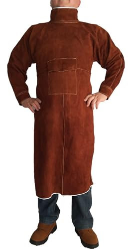 Delantal de soldadura de cuero con mangas - Delantales para hombres y mujeres, resistentes al calor y al fuego, herramientas de soldadura, marrón, 120 cm