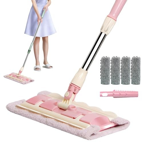 Scopa piatta | Scopa a frange per cucina con 4 teste lavabili, manico telescopico, strumento di pulizia rotante a 360 gradi per cucina e bagno, pavimenti in legno e piastrelle