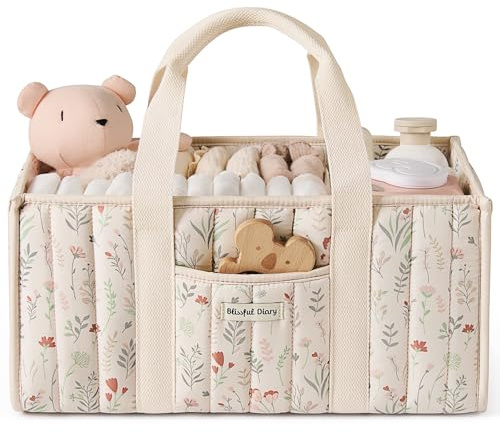 Blissful Diary Panier Rangement Bébé, Organiseur de couches pour Table à Langer, panier de rangement pour couches et lingettes pour bébé, cadeau pour fête prénatale, Fleurs Beiges