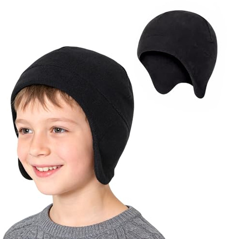 TAGVO Kids Winter Cycling Skull Cap Under Helmet Hat，Lightweight Windproof Helmet Liner Hat with Ear Flaps for Boys & Girls 3–10 Years Black
