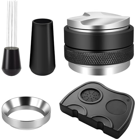 Set Accesorios Cafe 51mm, Kit Barista con Tamper 51mm, Anillo Dosador 51mm, Herramienta WDT Cafe 12 Agujas (0.35mm), Distribuidor Cafe 51mm y Alfombrilla Silicona - Prensador de Cafe para Cafeterías