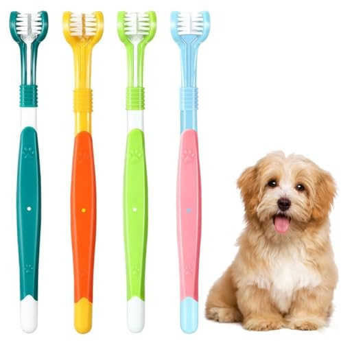 WUFKOP Spazzolino per Cani, 4 Pezzi Spazzolin per Animali Domestici, Spazzolino a Tre Teste per Cani e Gatti con 360° Pulizia, Set per Igiene Dentale di Cani di Taglia Piccola, Media e Grande