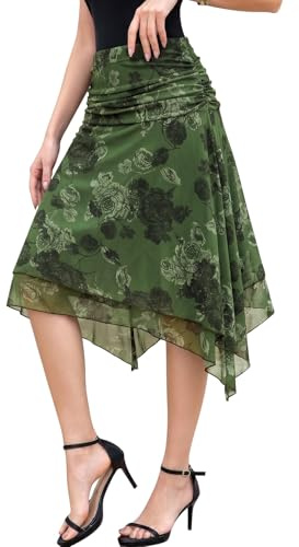 Genfien Falda de Mujer Malla Transparente Capas Forrada Bajo Irregular | Cintura Alta,Elástica,hasta la Rodilla,Elegante,Falda de Verano,Línea A