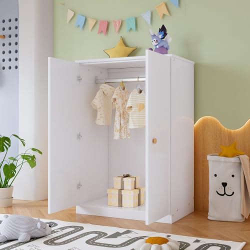 Merax Armario pequeño con barra, armario de 2 puertas para dormitorio, sala de estar y habitación infantil, tablero de fibra de densidad media, blanco, 80 x 50 x 120 cm