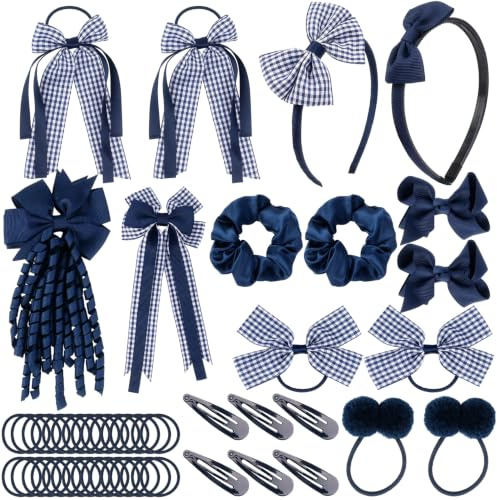 50Pcs Navy Hair School Kit Bow Hair Clips Navy Blue Headband Elastic Headbands Ribbon Ponytail Holder School Hair Accessories Blue for Girls Christmas Birthday Gift