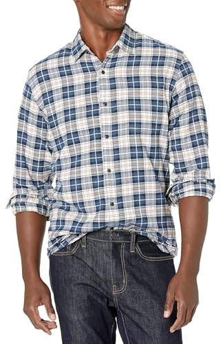 Amazon Essentials Regular-fit Long-sleeve Plaid Flannel Shirt, Chemise Homme, Bleu (Blue/White Plaid), Large