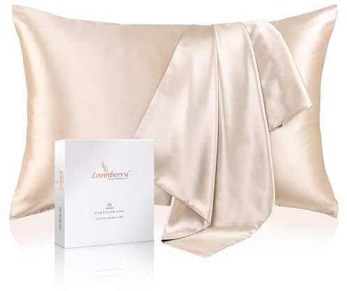 LOOMBERRY 100% Natural 22 Momme Pure Mulberry Silk Pillowcase for Hair and Skin Both Sides 22 Momme Highest Grade 6A with Hidden Zipper (Beige, Queen (50x76CM))