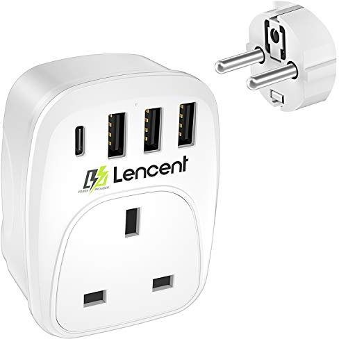 LENCENT UK to European Plug Adapter with 3 USB Ports and 1 Type C, Grounded EU Euro Europe Travel Adapter for Germany Spain France Portugal Greece Russia Morocco Turkey Poland and more (Type E/F)