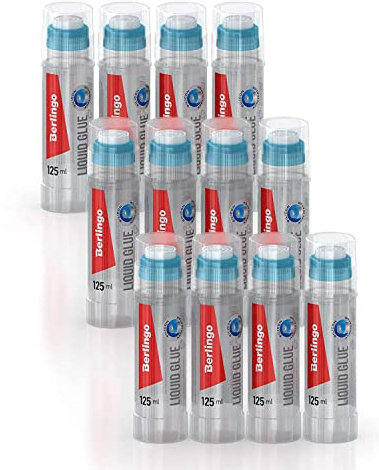 Berlingo Flüssigkleber Set, 12 Stück x 125 ml, Präzise Dosierung, sicherer und kinderfreundlicher Kleber für Bastelarbeiten und Kunst, für das Büro, das Home Office oder die Schule und Uni