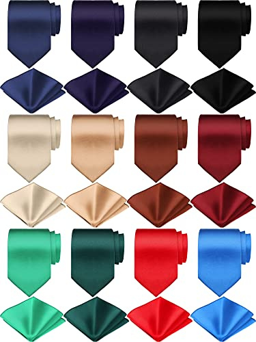 Zhanmai 24 Pcs Men's Ties and Pocket Square Set Bulk Solid Color Tie Handkerchief Satin Business Formal Necktie for Wedding(Vivid Color)