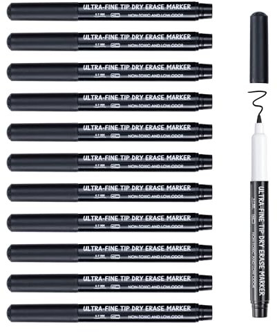 maxtek 0,7 mm Whiteboard Stifte, 12 Schwarz Whiteboard Marker Dünn, Trockenwischer Folienstift Abwischbar, Folienstift Non Permanent mit Ultra Feiner Spitze