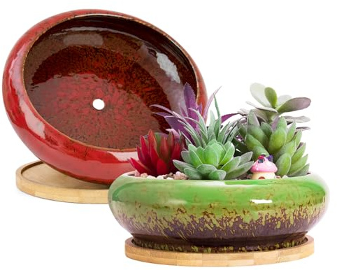 ARTKETTY Sukkulententöpfe – 2 Stück große Bonsai-Töpfe mit Drainageschale, 18 cm Flache Pflanzgefäße für Zimmerpflanzen, Keramik-Kaktus-Pflanzenbehälter, Schüssel für Zuhause, Büro, Schreibtisch
