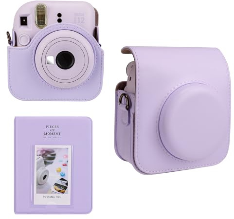 Meetikar Étui pour Appareil Photo Instantané Fujifilm Instax Mini 12 - Album 64 Poches, Cuir Synthétique, Bandoulière Réglable, Lilas