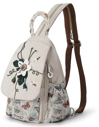 AULUDA Umwandelbare Umhängetasche für Mädchen, handgefertigte Handtasche, wunderschöner, hochwertiger, lässiger Tages-Mini-Rucksack aus Segeltuch für Frauen in Grün blumenstickerei(Blue Pattern)