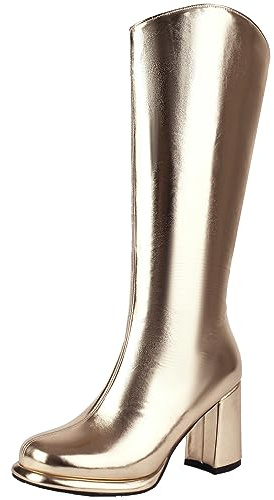 Vrupons Botas altas de mujer de moda con tacón de bloque y cremalleras laterales, dorado, 39 EU