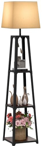 HOMCOM Lampada da Terra in Metallo e MDF a 3 Ripiani con Paralume in Tessuto, Ø42x166 cm, Nero e Beige