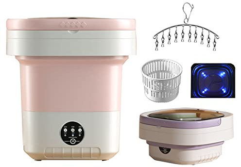 Smart Portable Washing Machine, Home Foldable Small Portable Laundry Machine with Soft Spin Dry and Drainage Pipe, for Apartments, Dormitories, Camping, RV (Color : Pink)