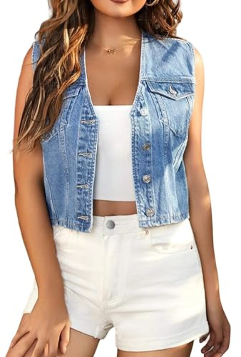 LifeShe Chaleco de mezclilla recortado para mujer, casual, cuello en V, abotonado, sin mangas, chaleco de mezclilla, Azul claro, S