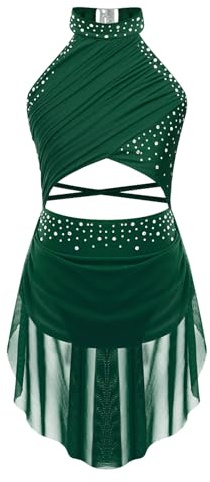 FEESHOW Girls Shiny Ballet Dress for Jazz Latin Lyrical Dance Costume Backless Gymnastics Leotard with Flowy Skirt Dancewear Green 11-12 Years