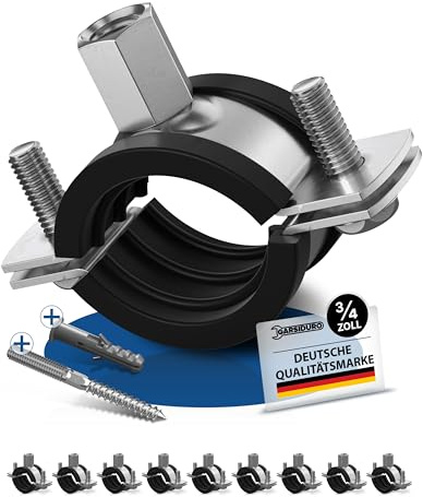 GARSIDURO® Profi Rohrschellen | 3/4 Zoll (26-30mm) 10 Stück | mit passenden Stockschrauben und Dübeln | Schraubrohrschellen Stahl verzinkt mit Gummieinlage zur Rohrbefestigung und Rohrhalterung | 3/4