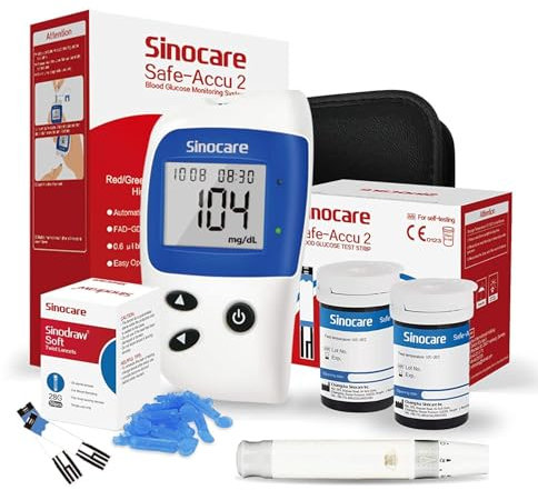 sinocare Medidor Glucosa en Sangre, Kit Prueba Glucosa en Sangre Glucometro 50 x Tiras Prueba Glucosa en Sangre y Dispositivo de Punción (Safe-Accu2)