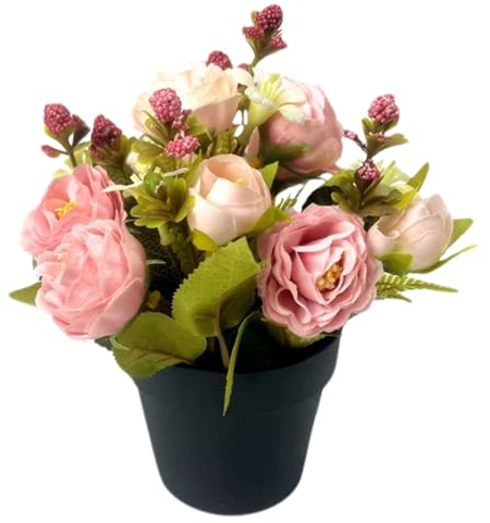 Peosaard konstgjorda kyrkogårdsblommor, falsk rosbukett gravminnesblommor, siden kyrkogårdsblommor i krukor för kyrkogårdsgravstenar dekoration – rosa