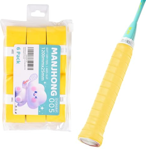 MANJHONG Badminton Racket Grip Tape (Pack of 6/12) - Soft & Anti Slip PU Overgrip for Squash Padel Tennis Racquet, 6 Pack Yellow