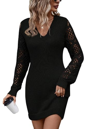 shownicer Robe en Tricot Femme Elégant Tricoté Col V Manche Longue Robe Automne Hiver A-Line Robe Pull Casual Mini Robe