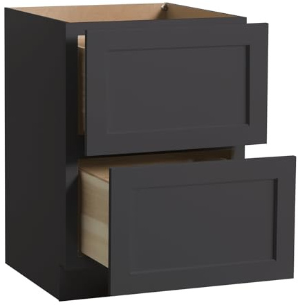 CozyHommie 24 Kitchen Base Cabinet with 2 Drawers - Shaker Style RTA Kitchen Cabinet Solid Wood Frame for Kitchen Storage Organization (Charcoal Black, 24 W x 24 D x 34.5 H)