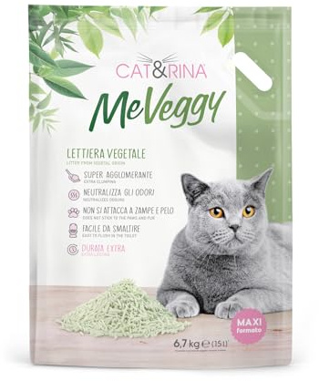 Cat&rina MeVeggy - Arena Vegetal para Gatos de 15 l de Larga duración. Arena Natural y aglutinante, desechable en orgánico o en el Inodoro. Neutraliza los olores y no se Pega a Las Patas y el Pelo.