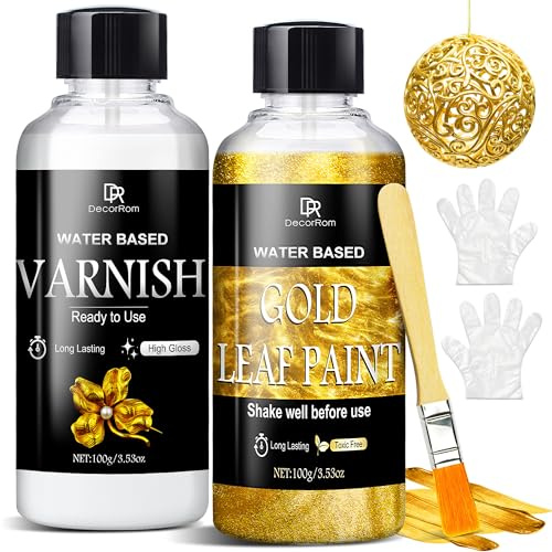 Acrylic Paint Metallic - 200ml Gold Leaf Paint Ultra Shiny Quick Dry Metallic Gilding High Gloss Finish with Varnish - Non-Toxic Waterproof for Crafts, Resin Art, DIY, Wood, Canvas, Metal & Fabric